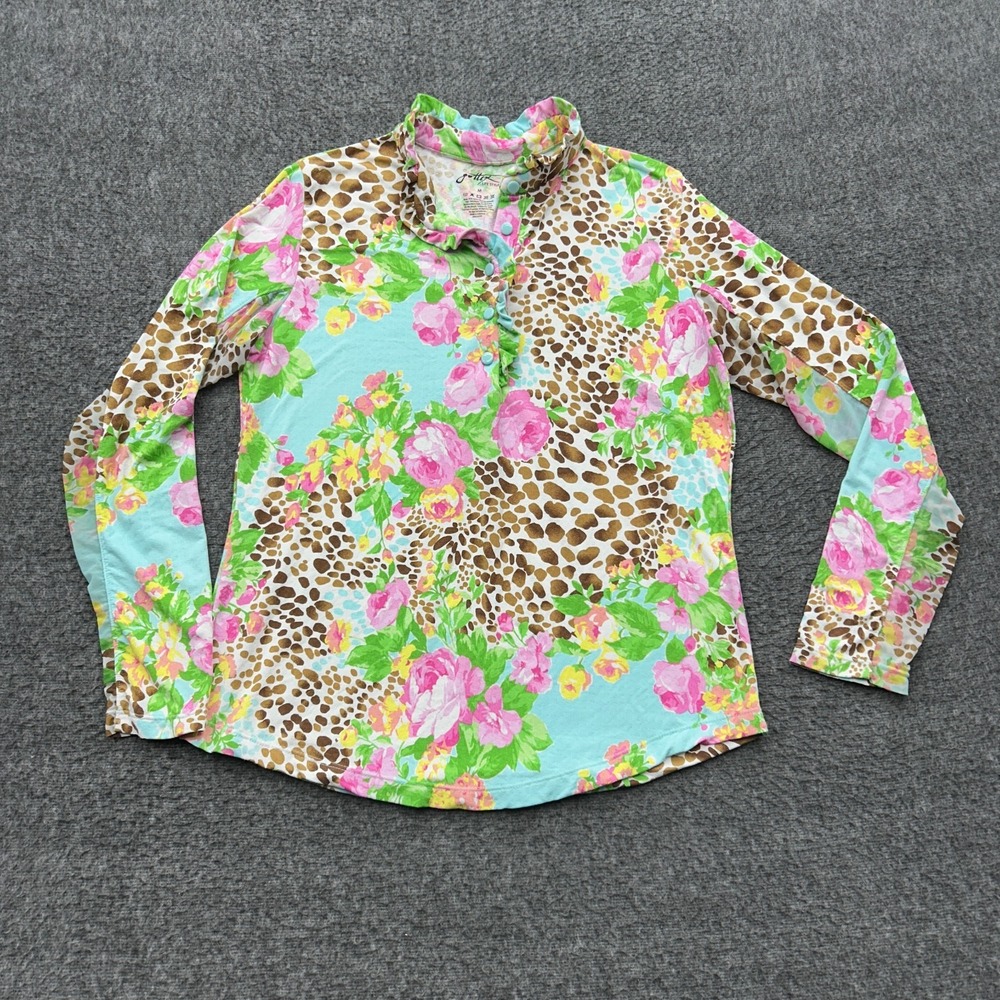 Gottex Lifestyle M Floral Leopard Print Mesh Sun Shirt Top Ruffle Neck Mock